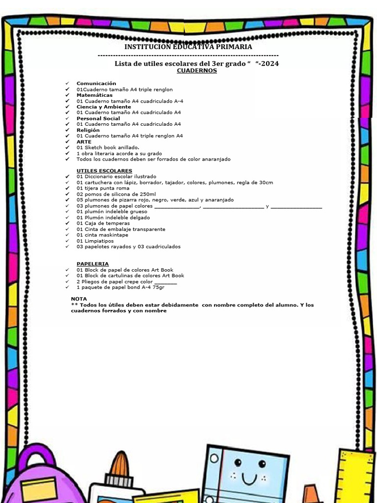 Lista de útiles 3er grado primaria 2024 | PDF