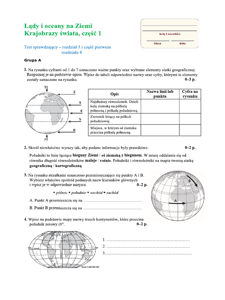 Przez Lądy I Oceany Klasa 5 Sprawdzian Lądy I Oceany Na Ziemi cz1 | PDF