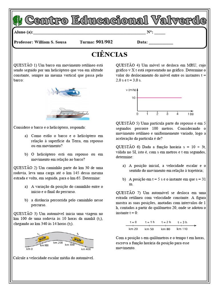 Lista de Exercicios 9 Ano Ef Cinematica | PDF | Velocidade | Velocidade