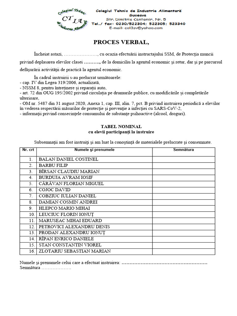PROCES VERBAL - Scoala Deplasare SSM | PDF