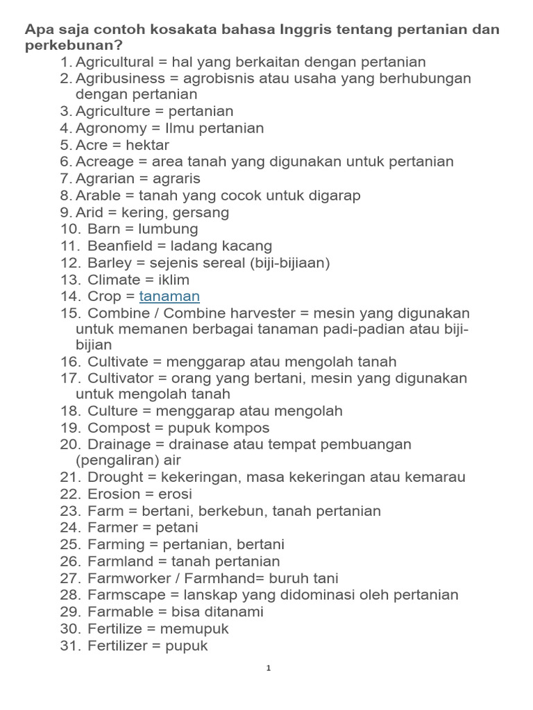 Kosa Kata Perkebunan Dan Pertanian Bahasa Inggris | PDF