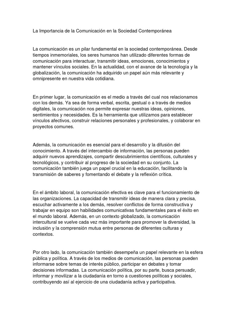 La Importancia De La Comunicación En La Sociedad Contemporánea Pdf