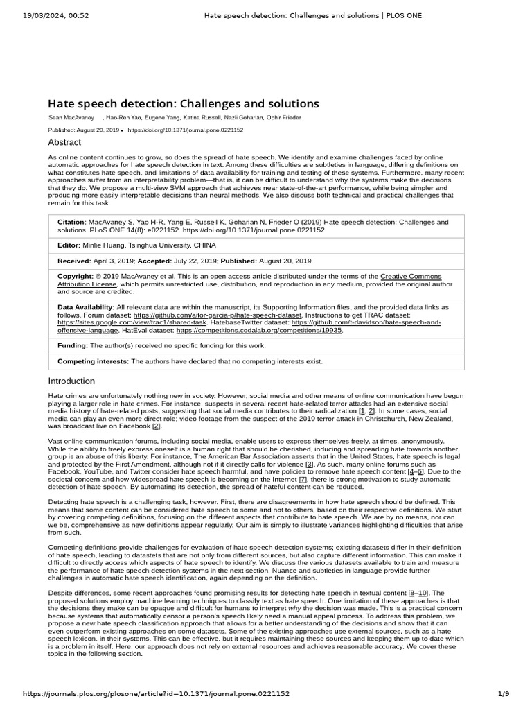 Hate Speech Detection - Challenges and Solutions - PLOS ONE | PDF ...