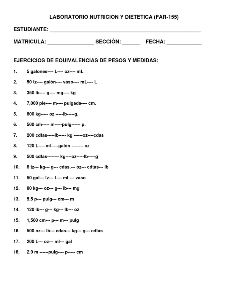 Ejercicios equivalencias de pesos y medidas pdf