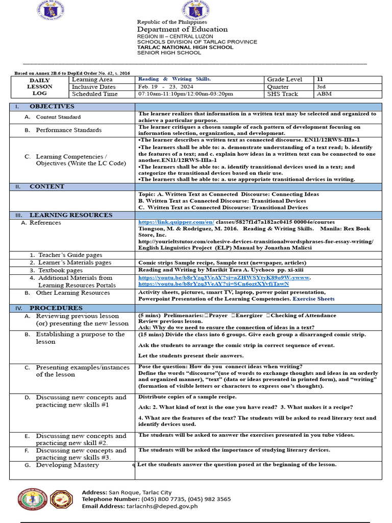 Grade 11 Reading & Writing Lesson Plan | PDF | Learning | Behavior ...