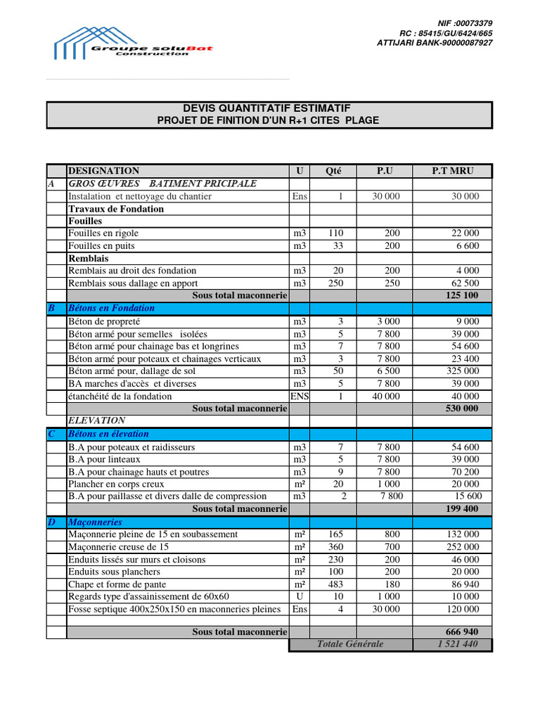 Devis Quantitatif Estimatif Bâtiment | PDF | Génie du bâtiment | Maçonnerie