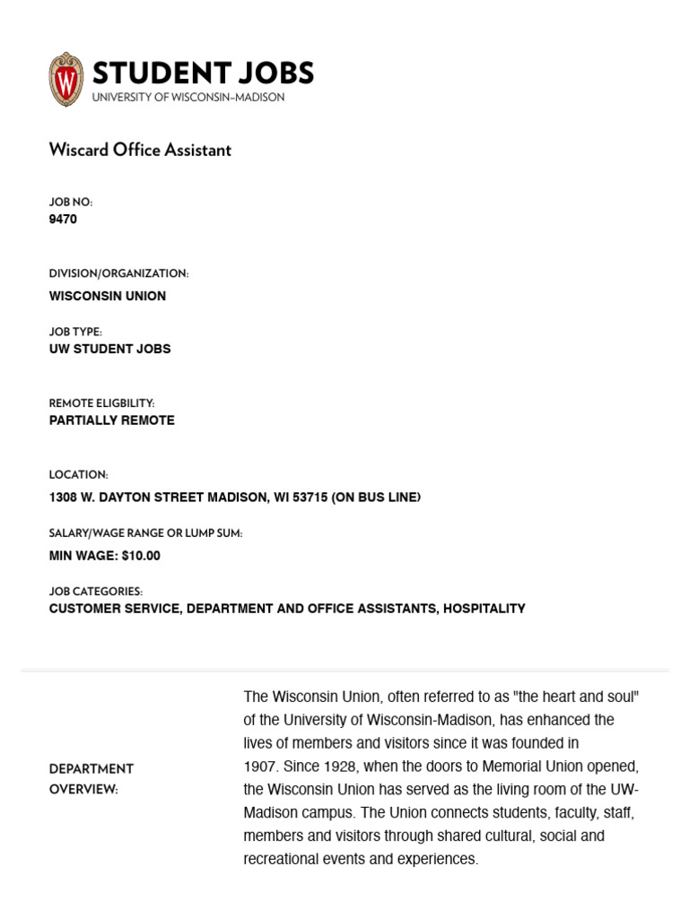 Wiscard Office Assistant Position | PDF | University Of Wisconsin–Madison