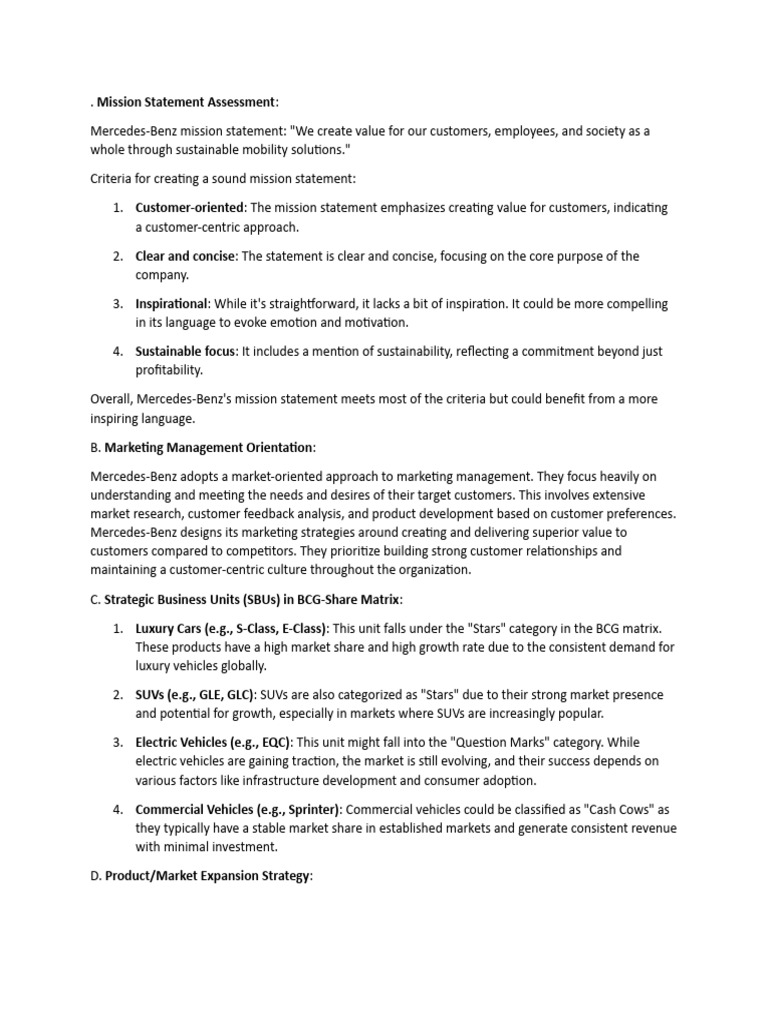 Mission Statement Assessment Pdf Marketing Mercedes Benz