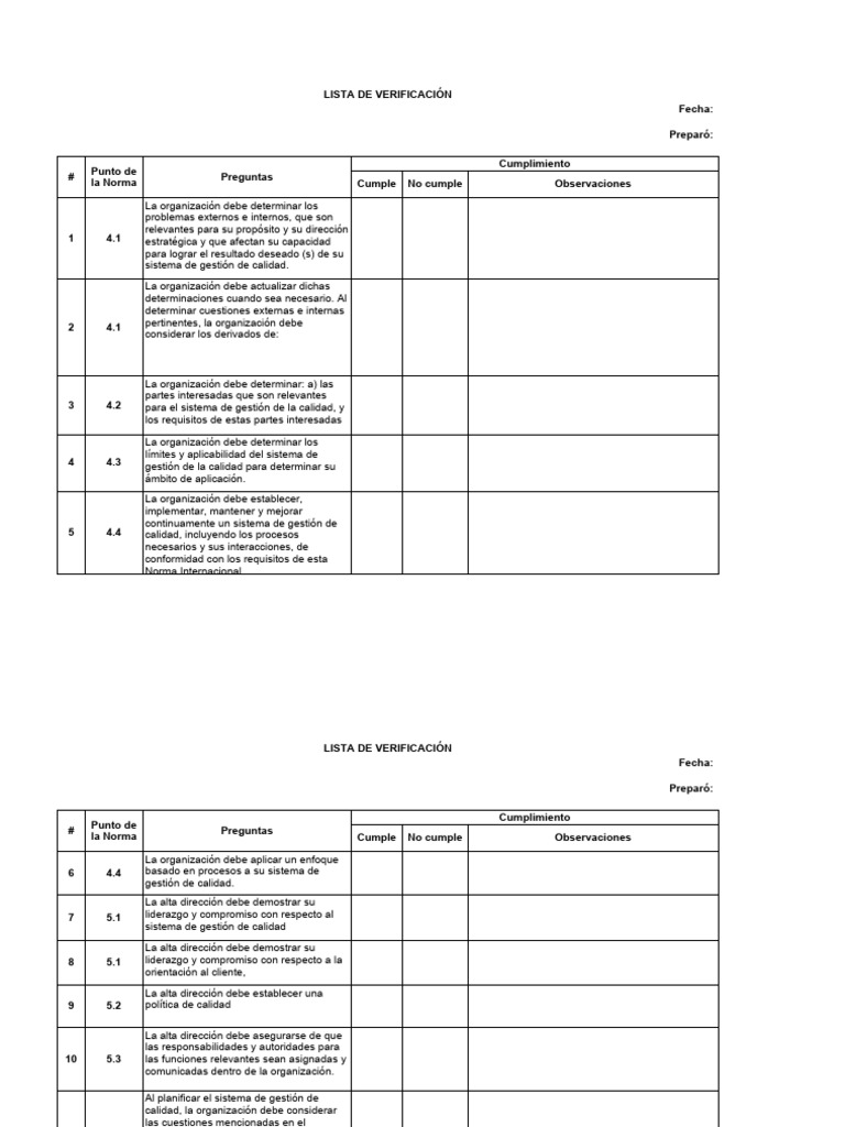 Lista de Verificacion ISO 9001 | Descargar gratis PDF | Calidad ...