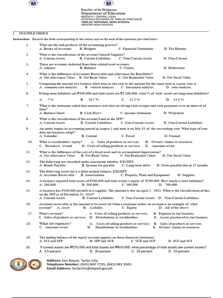 Accounting Multiple Choice Questions | PDF | Debits And Credits ...