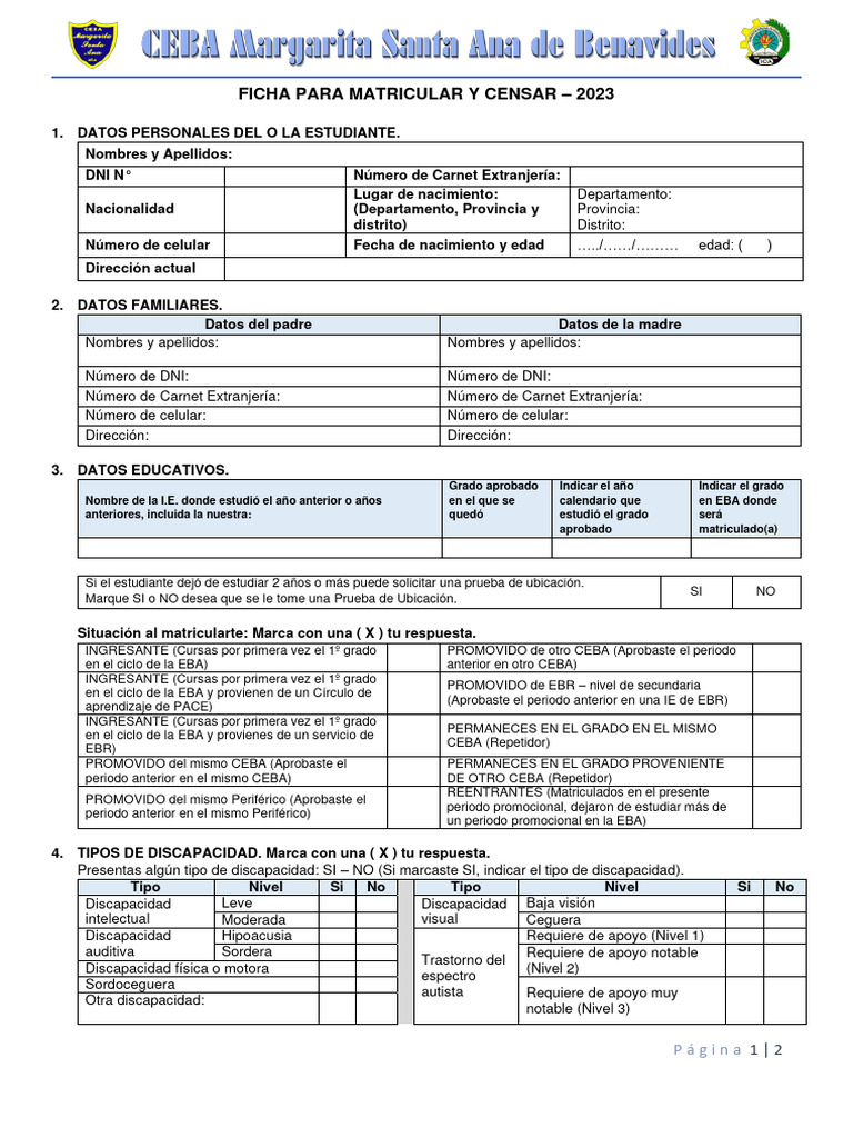 Ficha para Matricular Ceba Msab 2023 | PDF | Desorden hiperactivo y ...