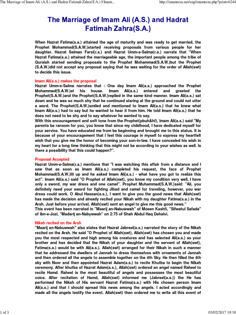 The Marriage of Imam Ali A.S. and Hadrat Fatimah Zahra S.A. | PDF ...