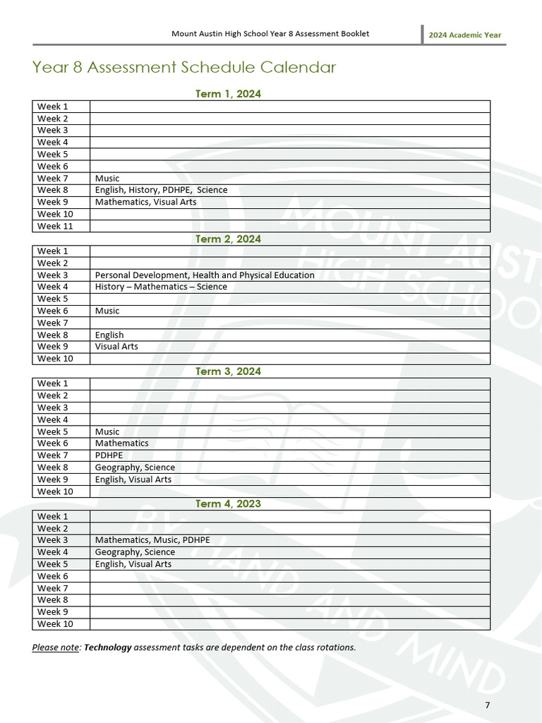 Year 8 Assessment Schedule 2024 Academic Year | PDF