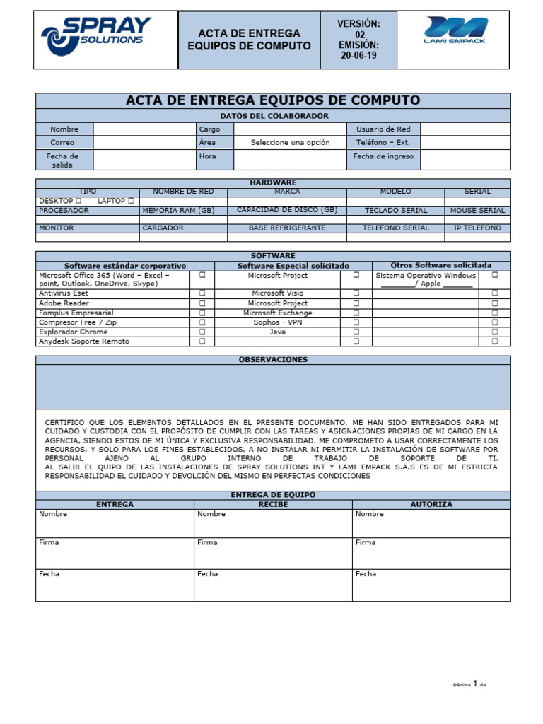 Acta de Entrega de Equipos de Cómputo | PDF | Microsoft | Software