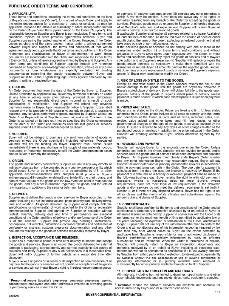 Purchase Order Terms & Conditions | PDF | Liability Insurance | Procurement