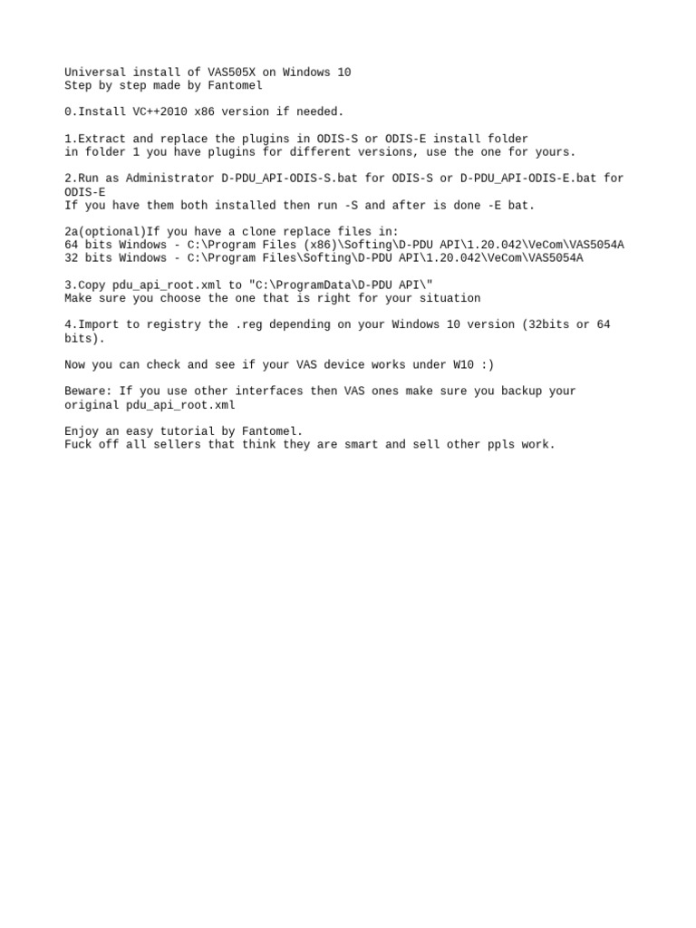 VAS505X Installation Guide for Windows 10 | PDF