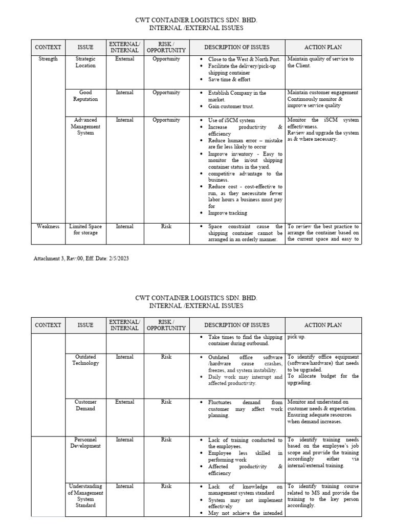 Internal and External Issues Overview | PDF | Logistics | Economics