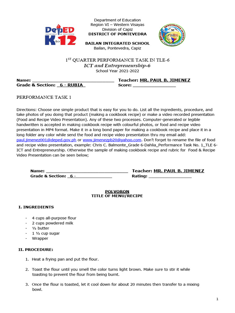 LONG Size TLE 6-ICT and Entrepreneurship Performance Task School Year ...