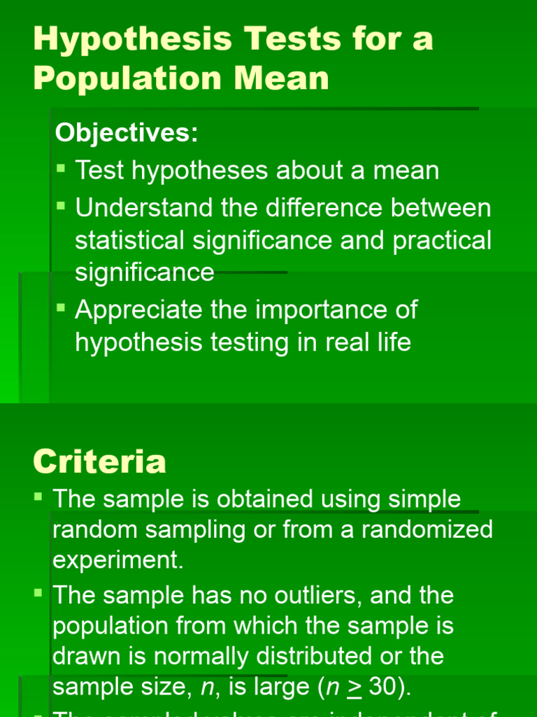 Hypothesis Testing for Population Mean | PDF | Statistical Hypothesis ...