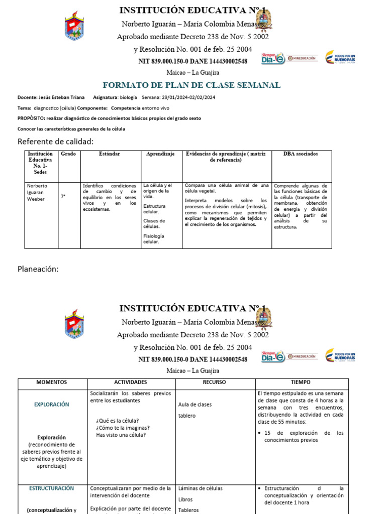 Ejemplo Formato de Plan de Clase Semanal 2024 | Descargar gratis PDF ...