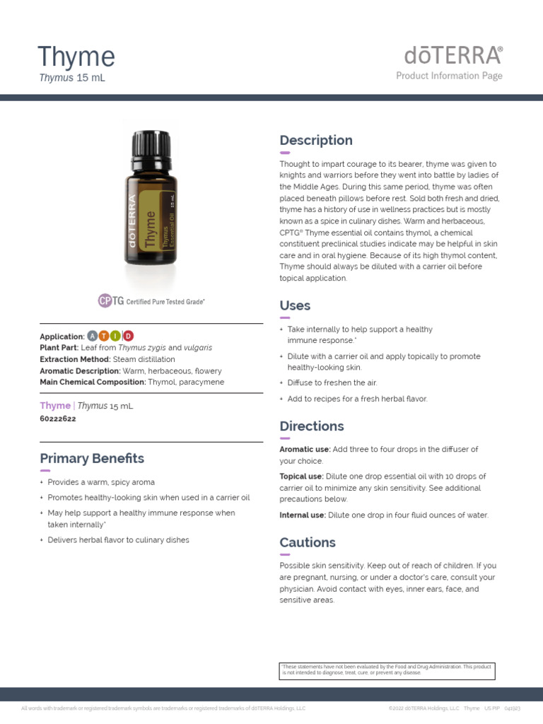 Doterra Thyme Essential Oil | PDF | Thyme | Essential Oil