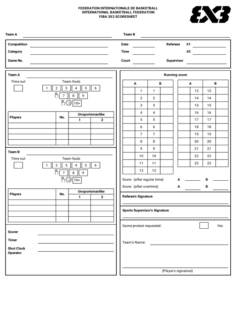 FIBA 3x3 Scoresheet | Download Free PDF | Sports | Team Sports