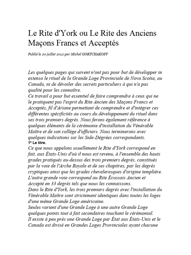 Comprendre le Rite d'York | PDF | Franc-maçonnerie | Loge maçonnique