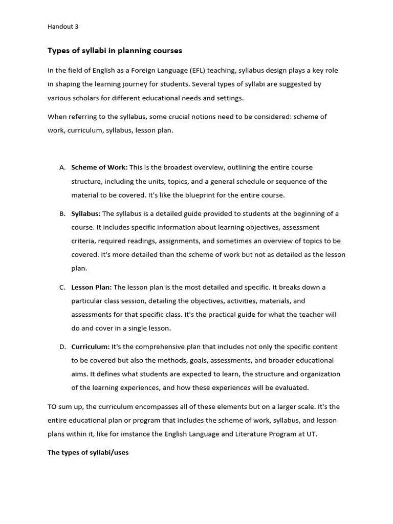 ELT 3-Handout3-Types of Syllabi | PDF | Curriculum | Lesson Plan