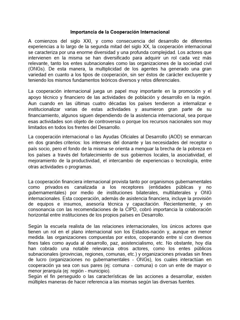 Importancia de La Cooperación Internacional | PDF | Organización no ...