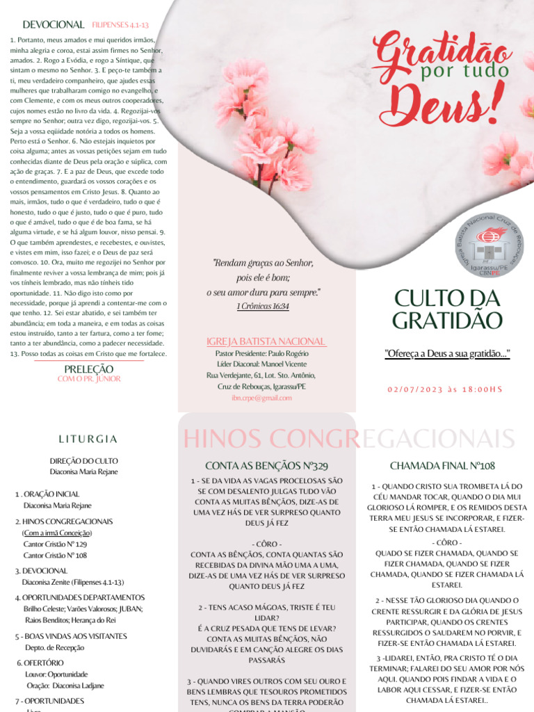 Liturgia Domingo Culto Da Gratidão 020723 | PDF | Oração | Diácono, image size:768x1024