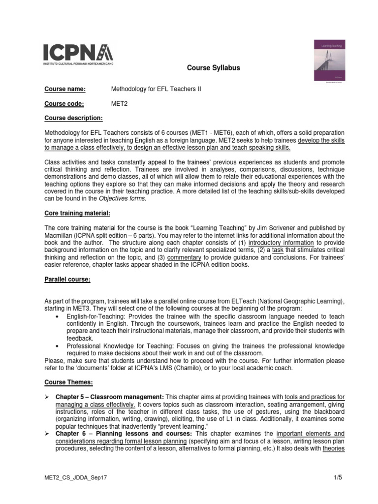 EFL Teachers Methodology Course Syllabus | PDF | Lesson Plan | English ...