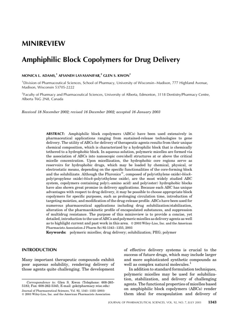 Amphiphilic Block Copolymers in Drug Delivery | PDF | Polyethylene ...
