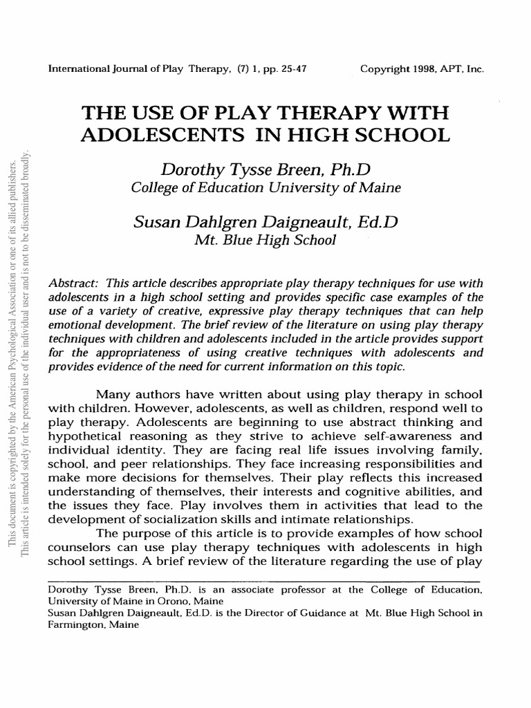 The Use of Play Therapy With Adolescents in High School | PDF ...