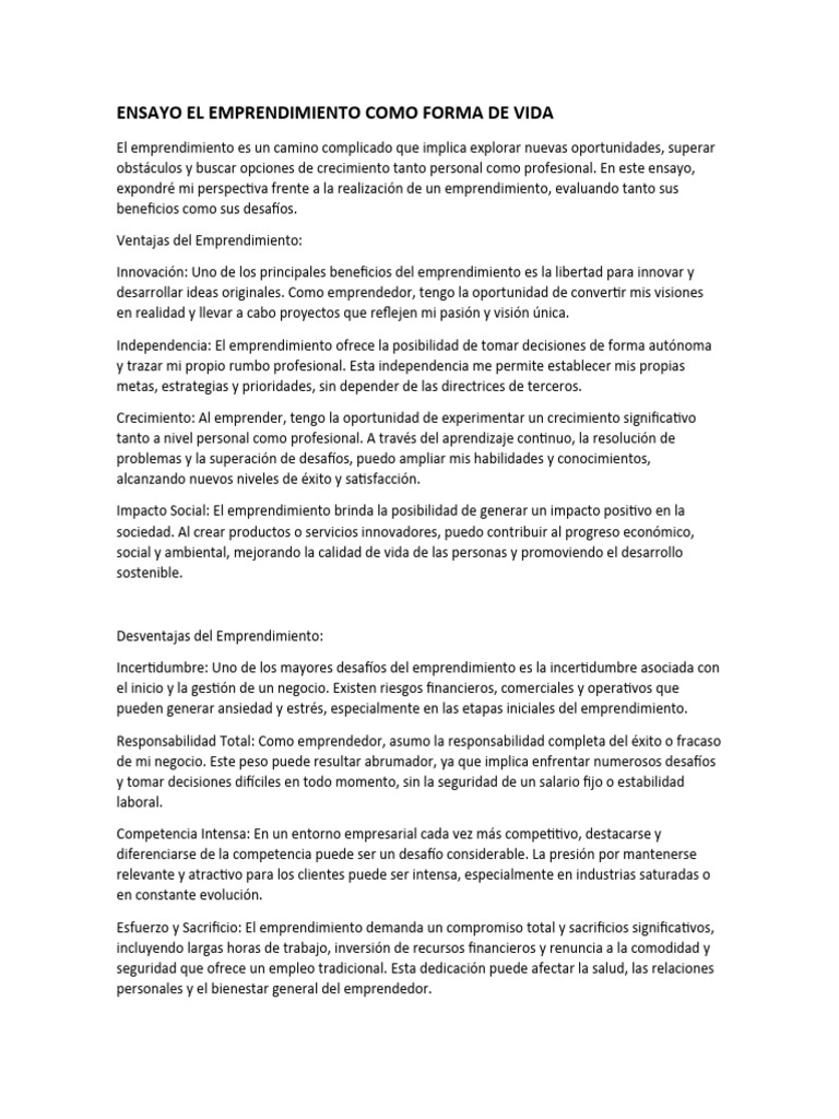 Ensayo El Emprendimiento Como Forma de Vida | PDF | Iniciativa ...