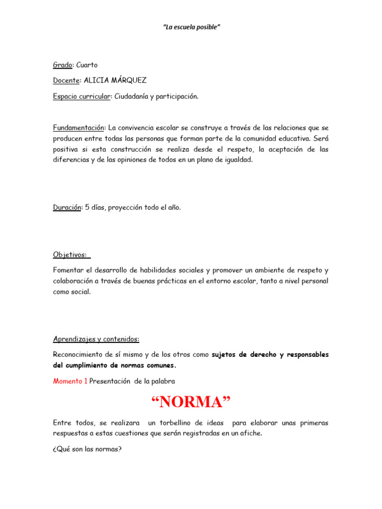 Normas de Convivencia para Cuarto Grado | PDF | Escuelas | Salón de clases