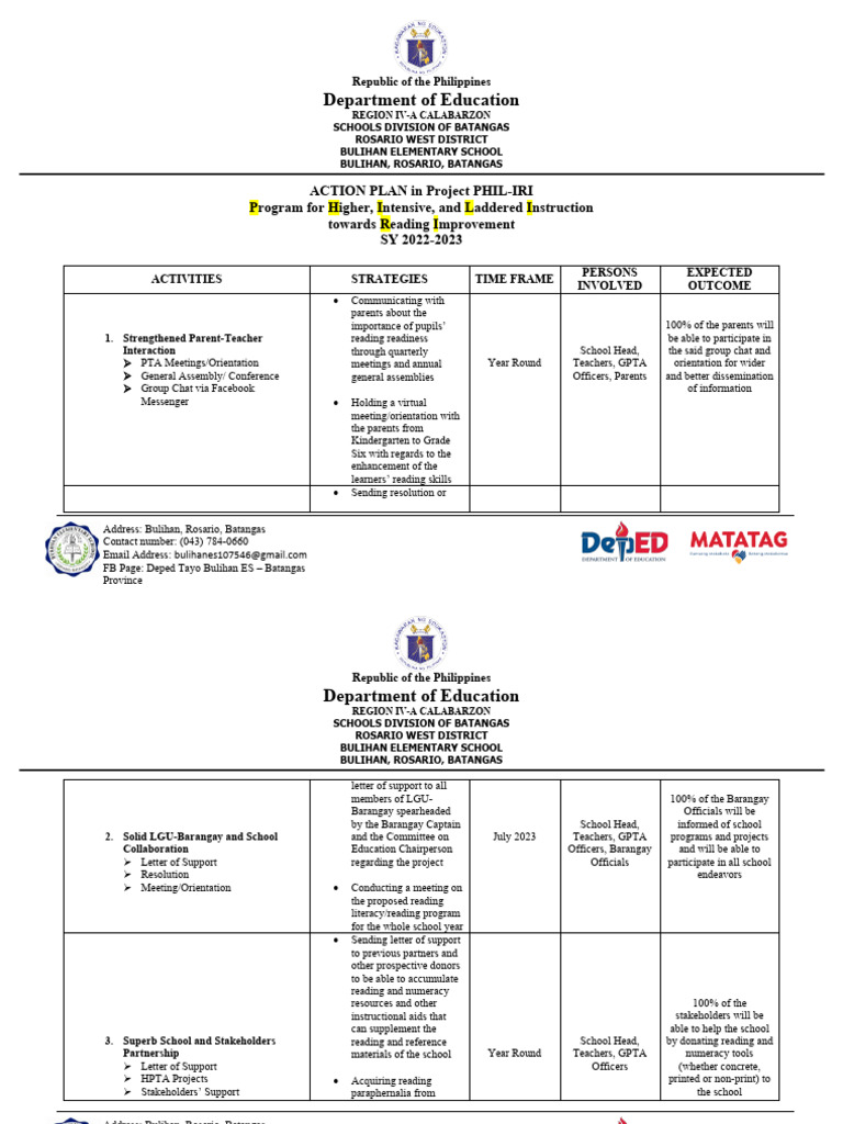 Action Plan In Bes Project Phil Iri Pdf Literacy Learning