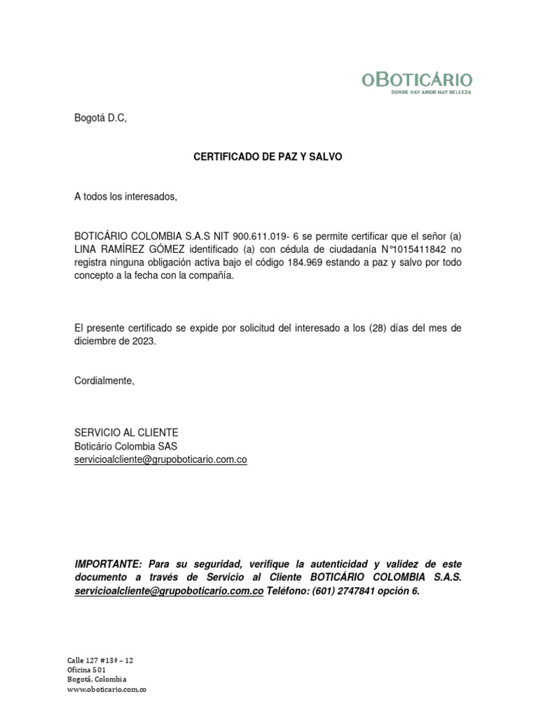 Certificado de Paz y Salvo Boticário | PDF | Negocios | Derecho