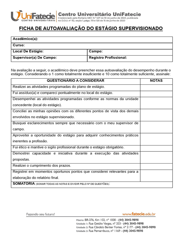 Ficha de Auto Avaliação | PDF | Carreira e Crescimento | Negócios