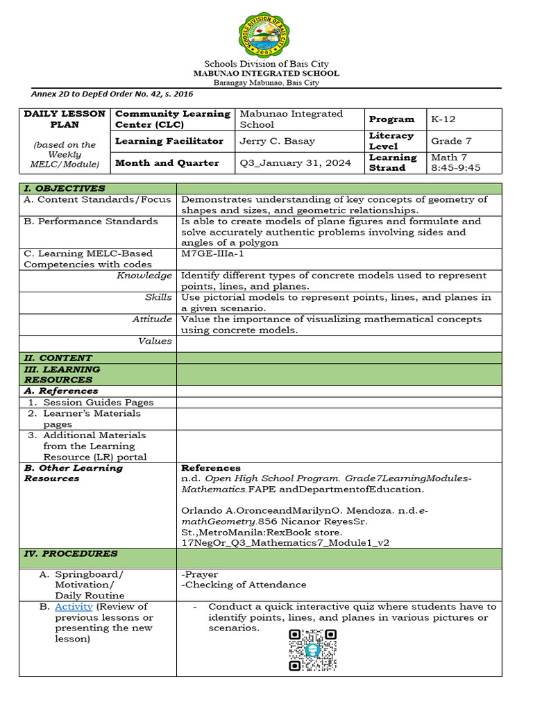 Grade 7 Math Daily Lesson Plan | PDF | Learning | Geometry