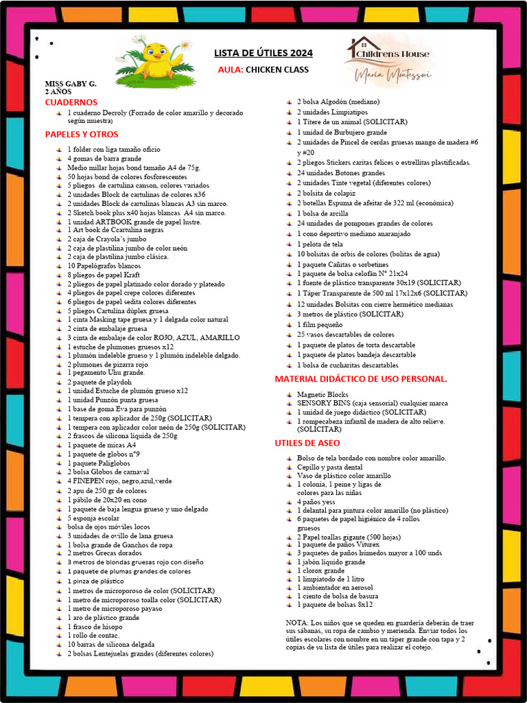 Lista de Útiles 2024 - 2 Años | PDF | Materiales