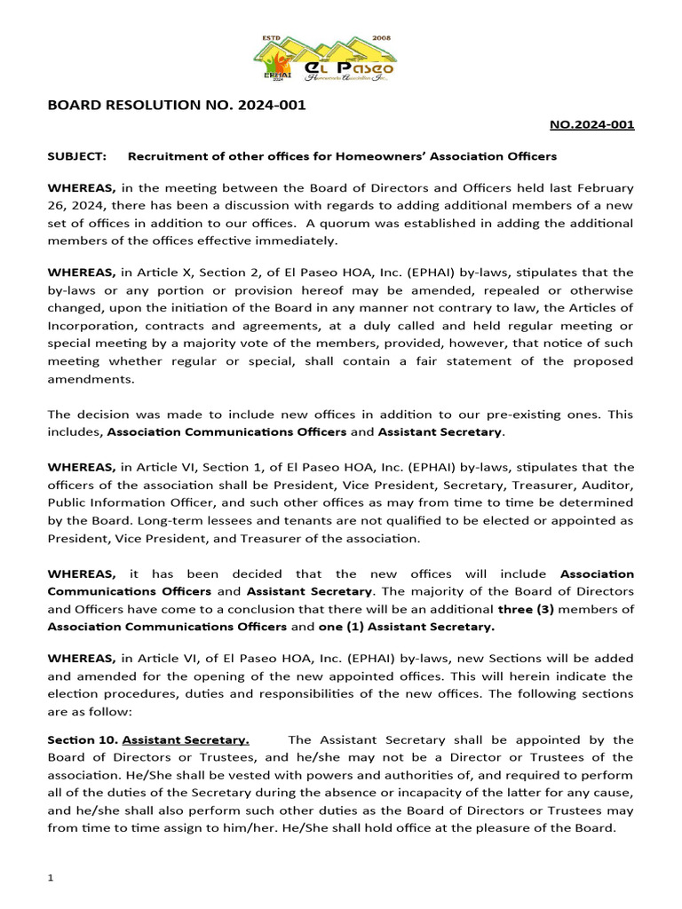 Board Resolution 2024001 Download Free PDF Board Of Directors