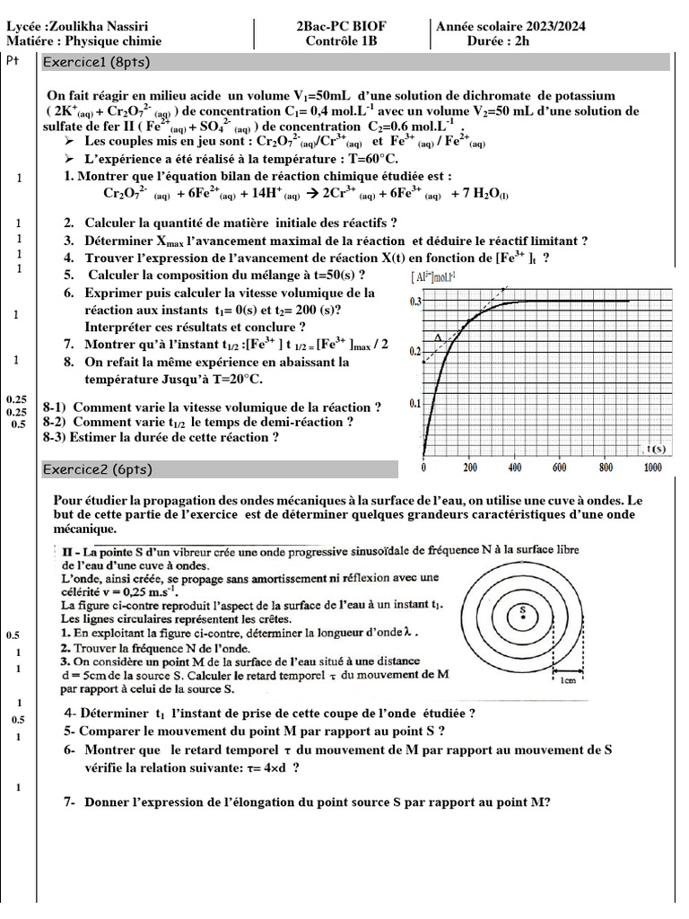 Contrôle de Physique-Chimie 2Bac-PC | PDF | Chimie | Chimie physique