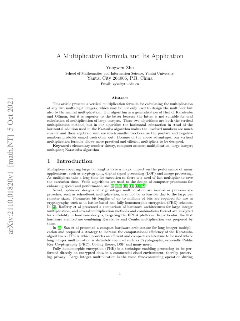 A multiplication formula and its application yongwen zhu yantai city