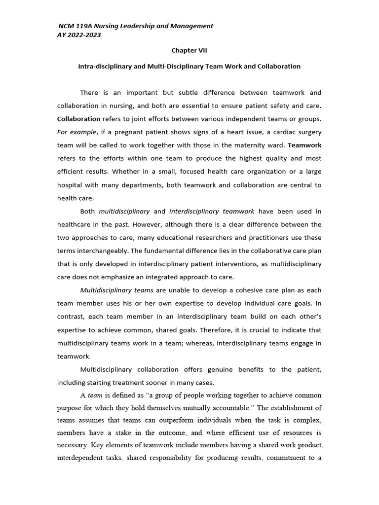 Teamwork and Collaboration in Nursing | PDF | Nursing | Health Care