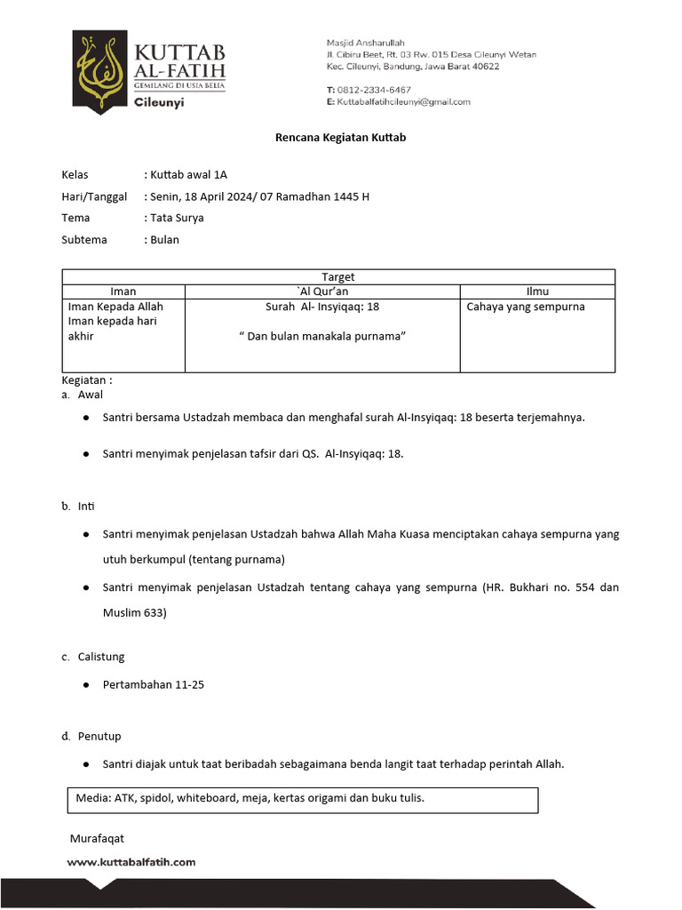 Kegiatan Kuttab: Belajar Bulan dan Iman | PDF
