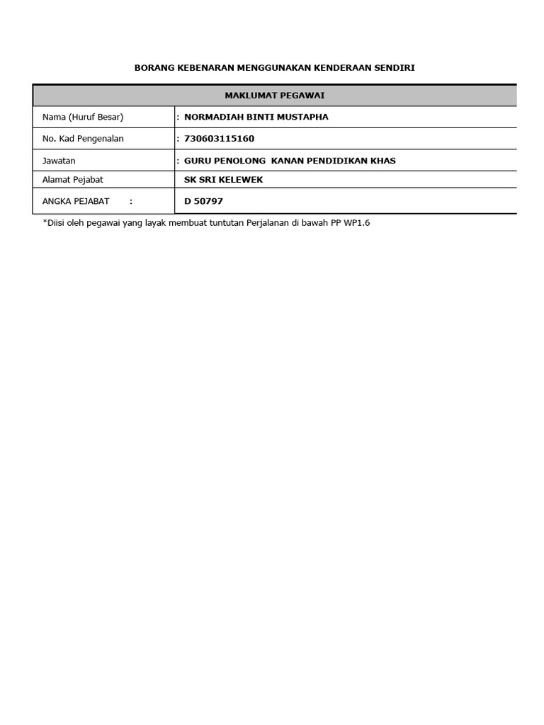 Borang Kebenaran Guna Kenderaan Sendiri 2024.Xls Normadiah | PDF