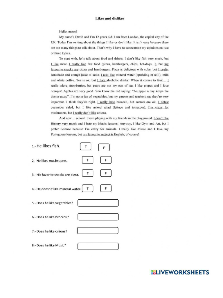 Likes and Dislikes Reading and Writing | PDF