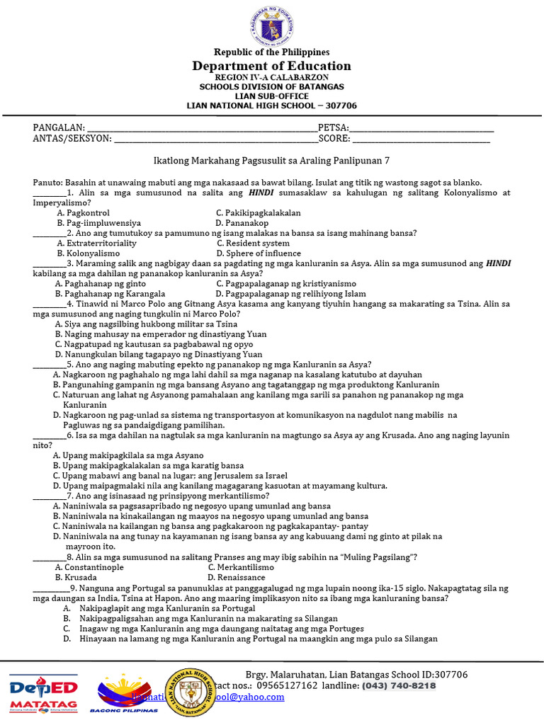Ikatlong Markahang Pagsusulit 2024 | PDF