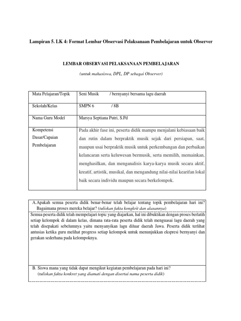 Gilang Arafah - Lampiran 5. LK 4 Format Lembar Observasi Pelaksanaan ...