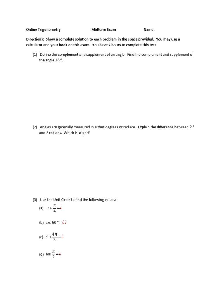 Trigonometry Midterm Exam Guide | PDF | Trigonometry | Trigonometric ...